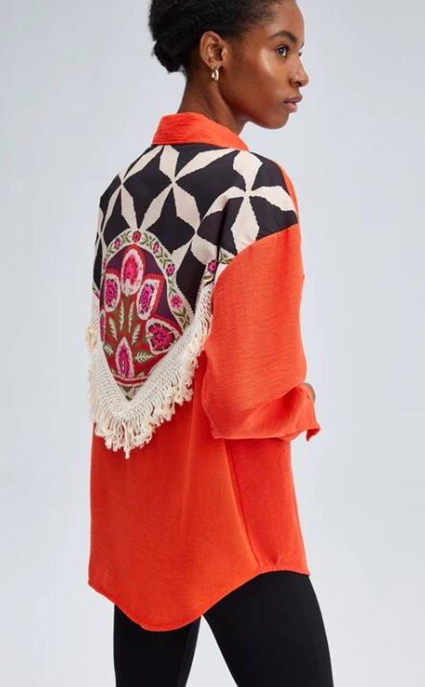 Tassel detail printed shirt orange
