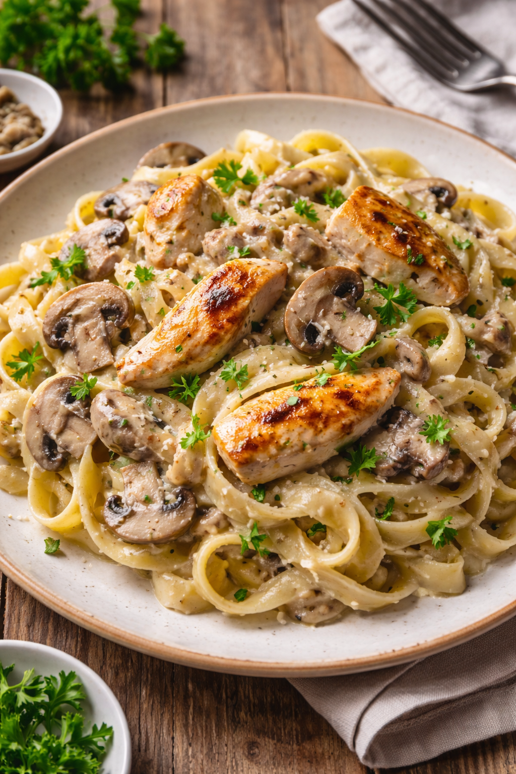 Pasta met champigon roomsaus en kip