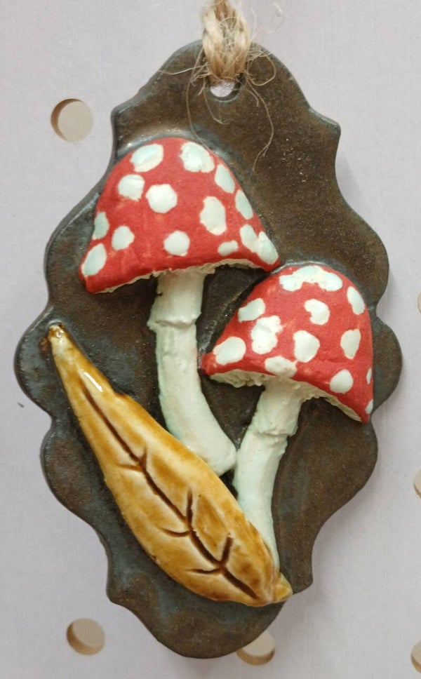 Autumn Plaque with Mushrooms and Leaf