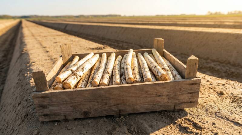Asperges in kistje op het land