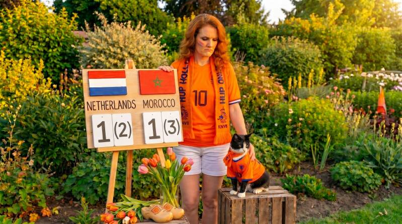 Nederland verliest na penalty's van Marokko. Renska en haar kat Stöppel zijn er allebei een beetje verdrietig van.