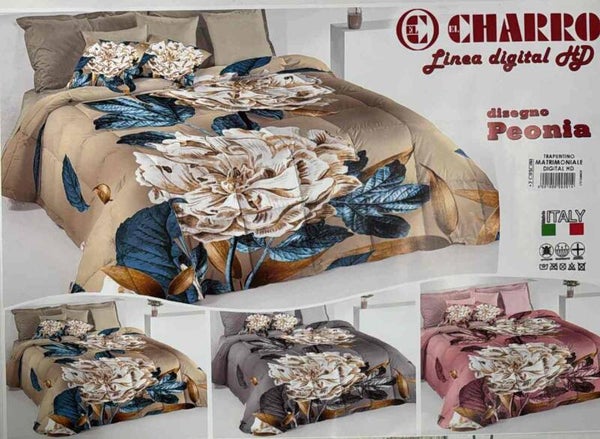 Trapuntino Charro Peonia in stampa digitale + 2 cuscini arredo matrimoniale