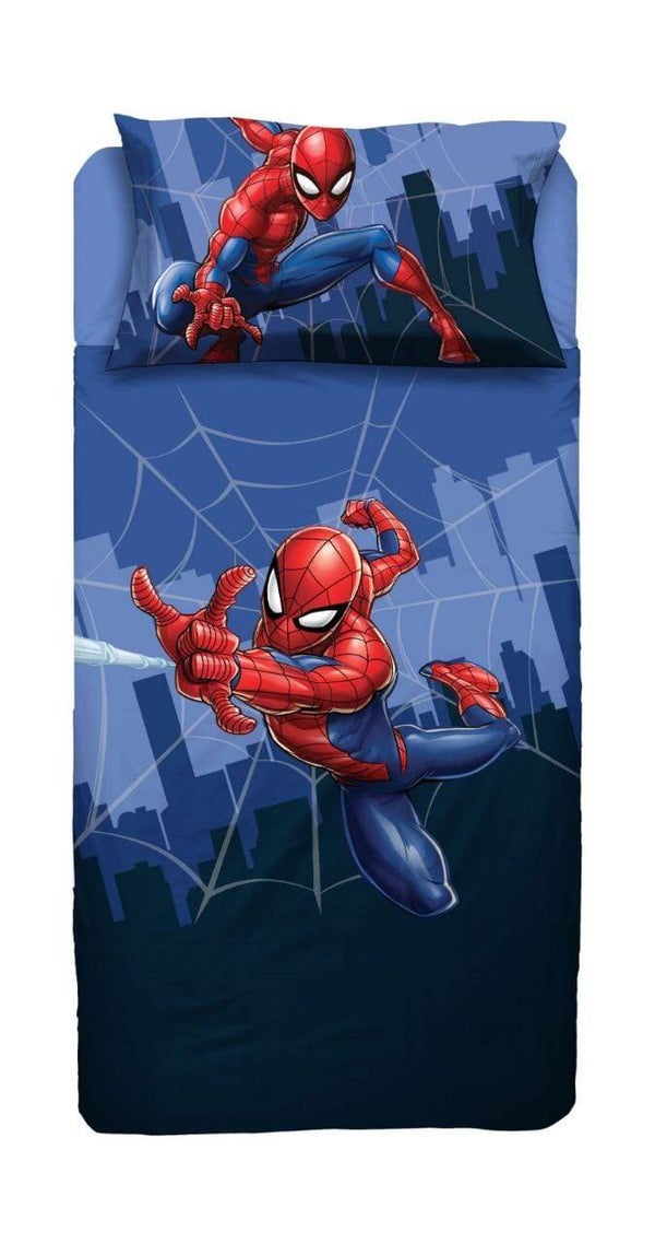 Spiderman, Lenzuolo Letto Singolo, Completo Letto Singolo Disney, Lenzuolo Sopra, Lenzuolo Con Angoli, Federa, Blu, Marvel, Disney, 100% Cotone, Prodotto Ufficiale