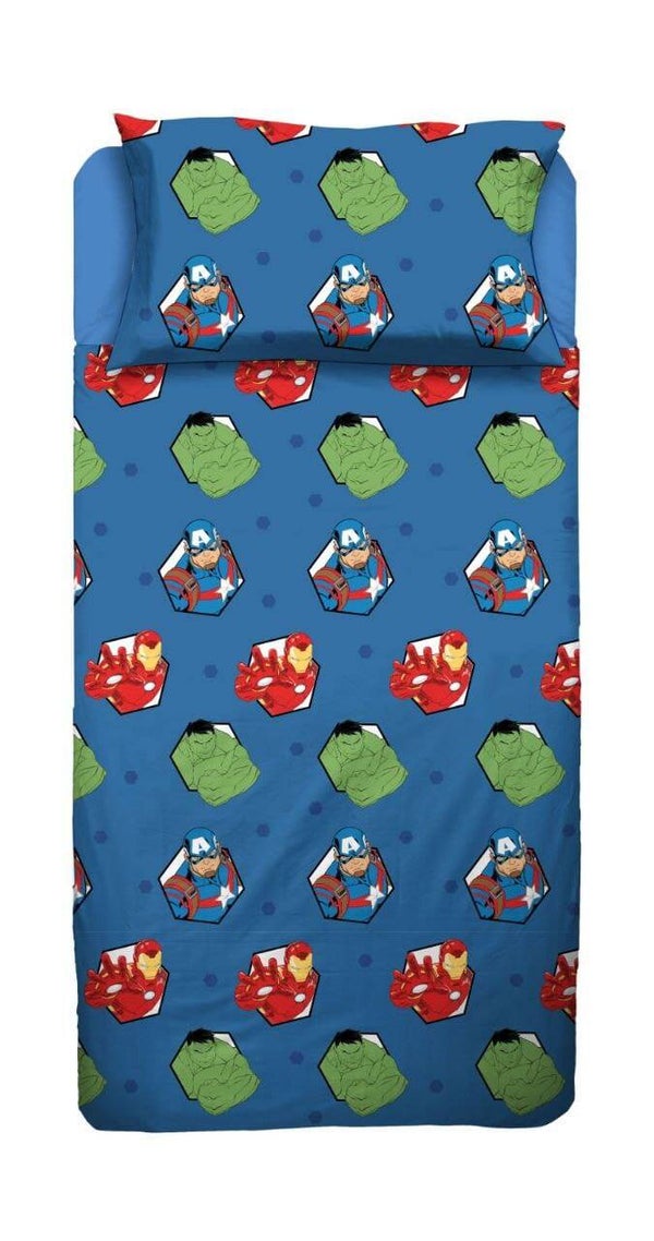 Avengers, Lenzuolo Letto Singolo, Completo Letto, Lenzuolo Sopra, Lenzuolo Con Angoli, Federa, Blu, Marvel, Disney, 100 Percento Cotone, Prodotto Ufficiale
