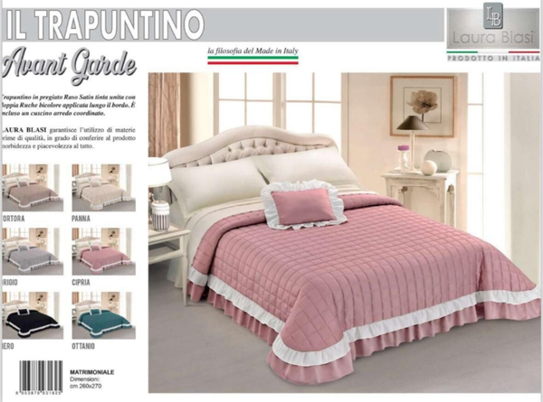 Trapuntino Laura Blasi Avantgarde in raso satin tinta unita con doppia rouche bicolore applicata + 1 cuscino arredo con rouche