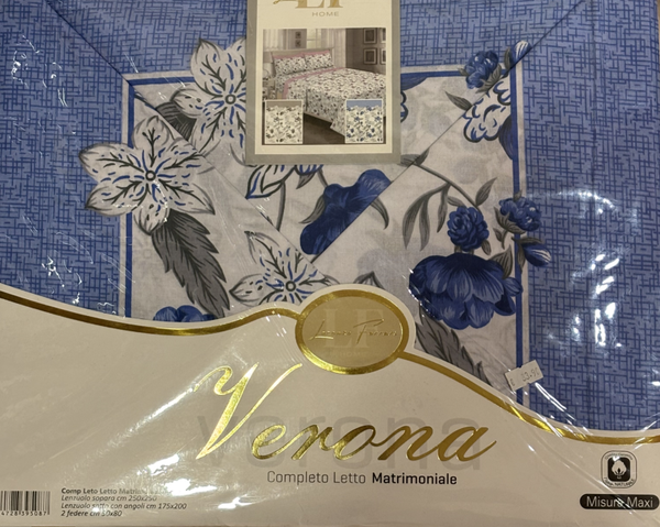 Completo Letto Matrimoniale Veronica – Floreale Blu in Cotone – Misura Maxi Made in Italy