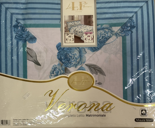 Completo Letto Matrimoniale Veronica – Peonie Blu e Righe – Cotone Misura Maxi Made in Italy