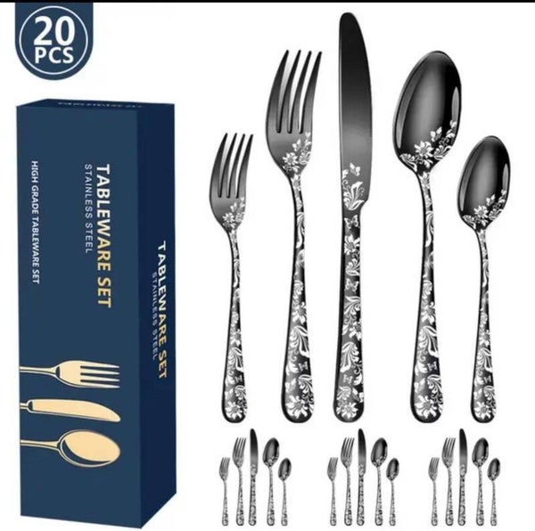 Set di Posate, Aoresac Posate Acciaio Inox da 20 pezzi per 4 Persone, Ideali per La Casa, Il Ristorante, Festa e Come Regalo, Lavabili in Lavastoviglie e Antiruggine (Nero)