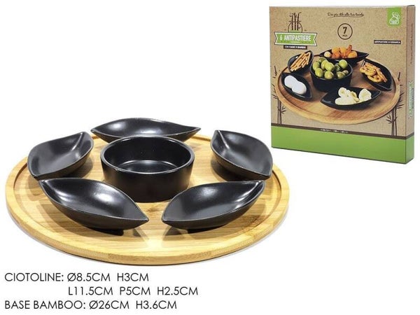 Set Antipastiera 7 Pezzi – 6 Ciotoline in Ceramica con Base in Bamboo Ø26 cm