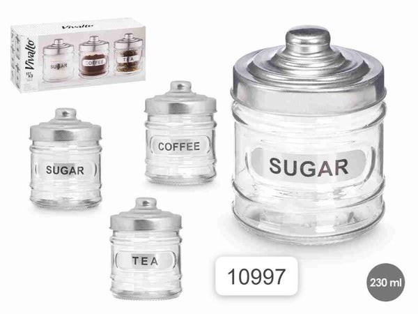 Set 3 Barattoli in Vetro Vivalto – Tappo in Alluminio e Etichetta Sugar/Coffee/Tea – 350 ml