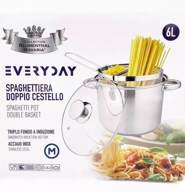 Spaghettiera Doppio Cestello 6L – Inox con Fondo a Induzione e Coperchio in Vetro Temperato