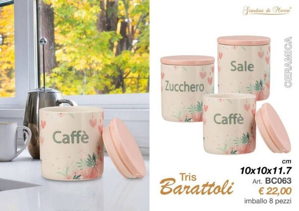 Set 3 Barattoli in Ceramica Cuori Rosa | Caffè Zucchero Sale | Giardini di Marzo