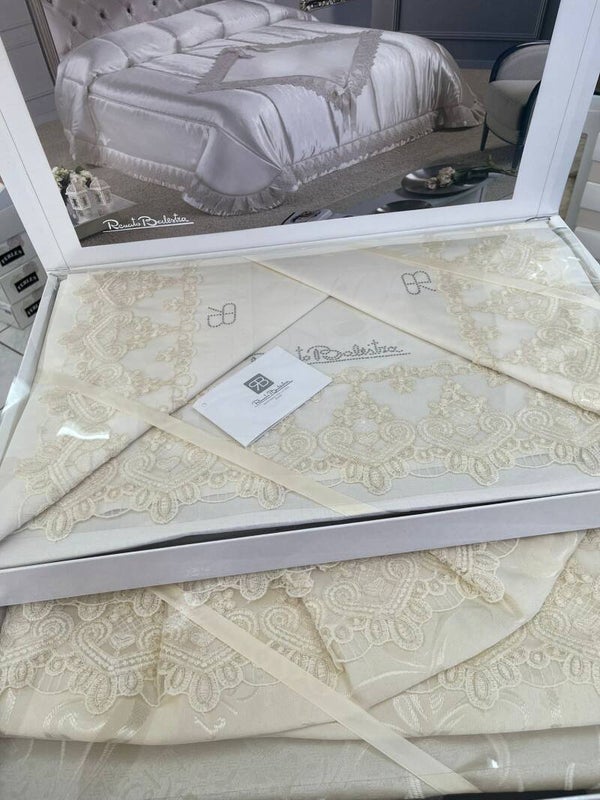 Completo Letto Noemi Renato Balestra | Matrimoniale Ricamato in Raso con Pizzo e Strass