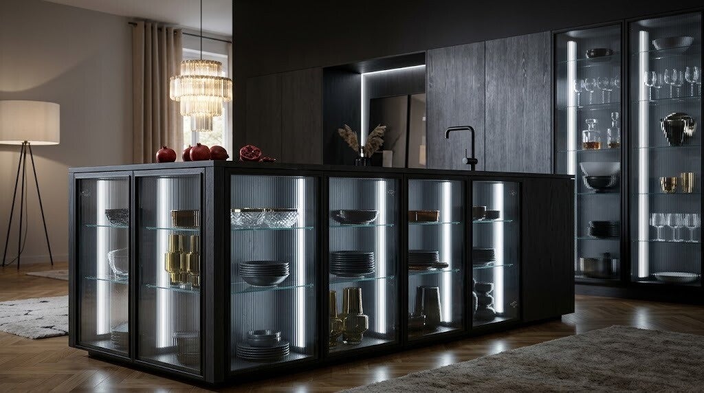 Dark Luxury kitchen with dark cabinetry and integrated LED lighting