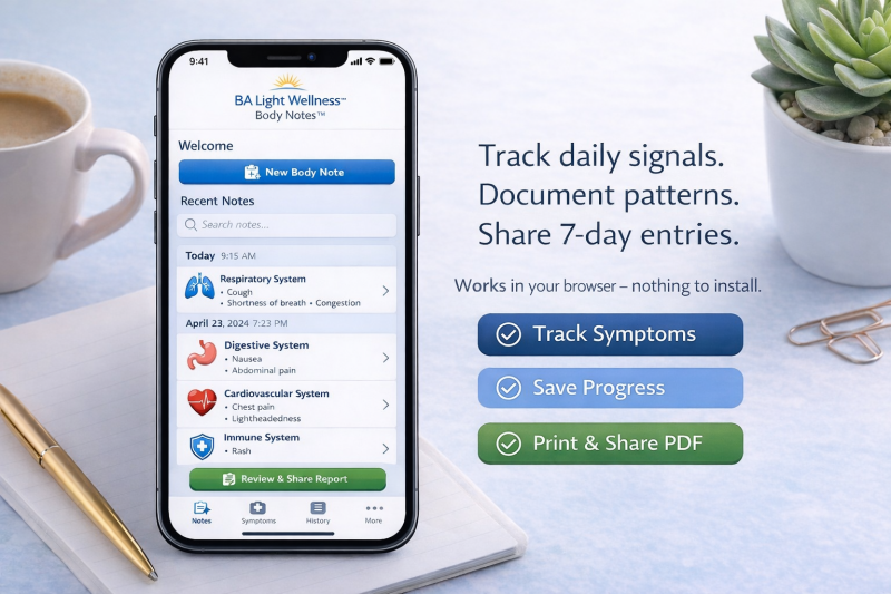 Body Notes web-based app mockup on a smartphone showing the 7 Day body observatiion system for documenting symptoms, patterns and daily health signals