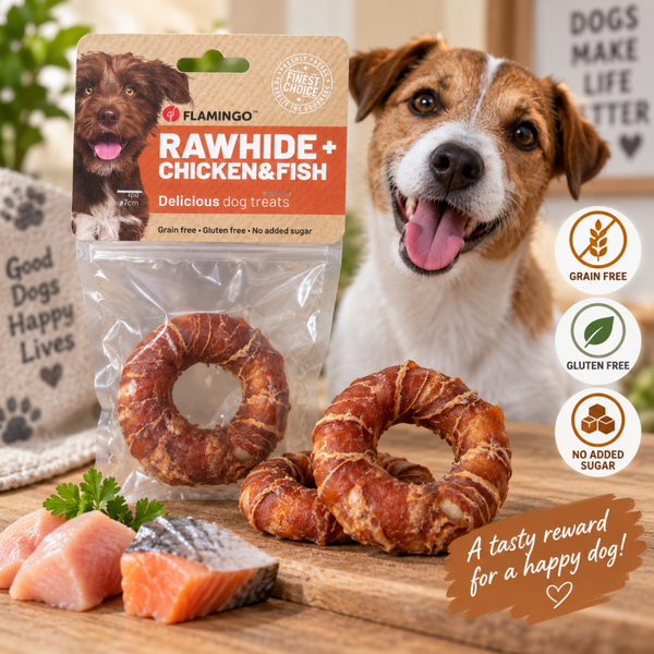 Flamingo Rawhide+ Kip & Vis – Kauwring 7 cm
