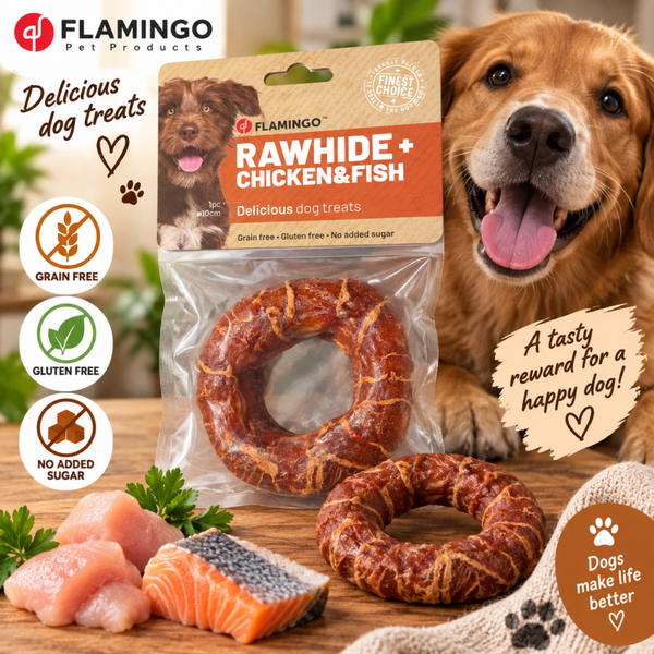 🐶 Flamingo Rawhide+ Chicken & Fish – Kauwring Ø10 cm