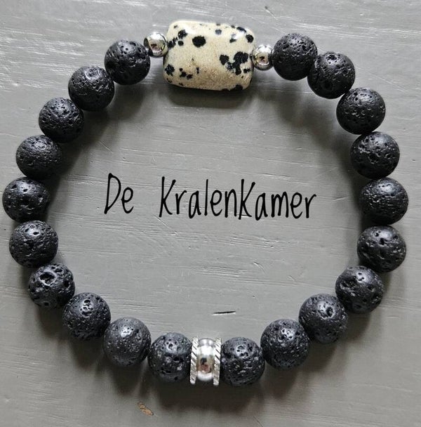 Zwarte lavasteen met dalmatiër jaspis armband