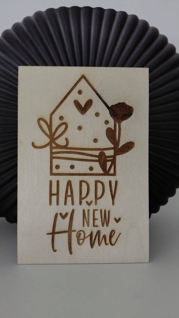 Houten kaart happy new home