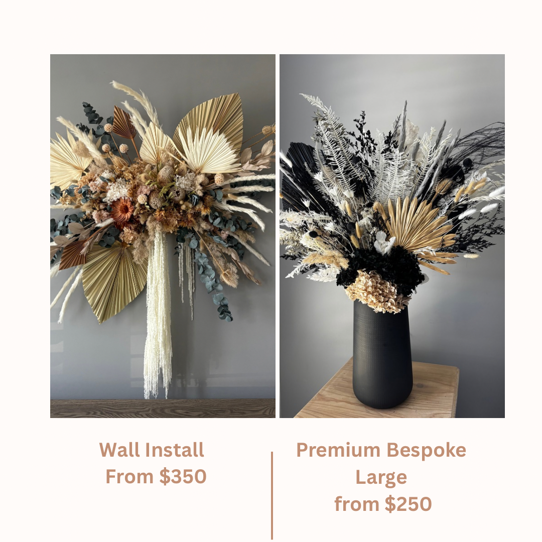 Black, white and gold colour pallete of premium dried and preserved flowers for a  luxe, high end beauty salon