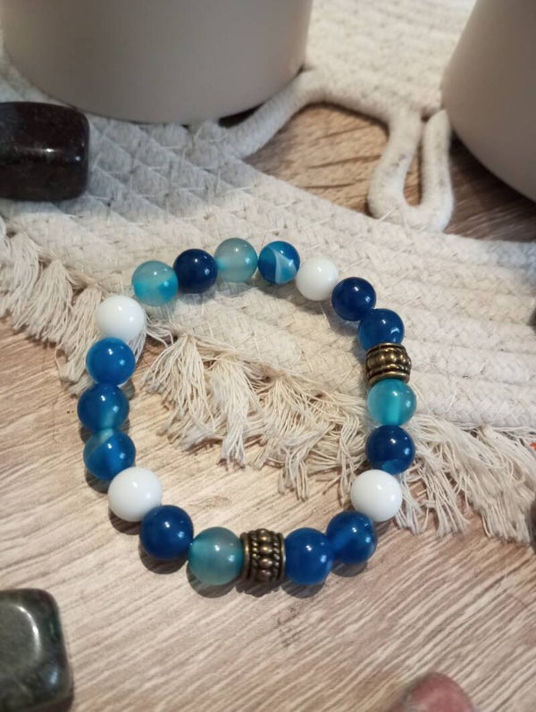 Bracelet en pierre agate blanche et Agathe bleu à rayures océan
