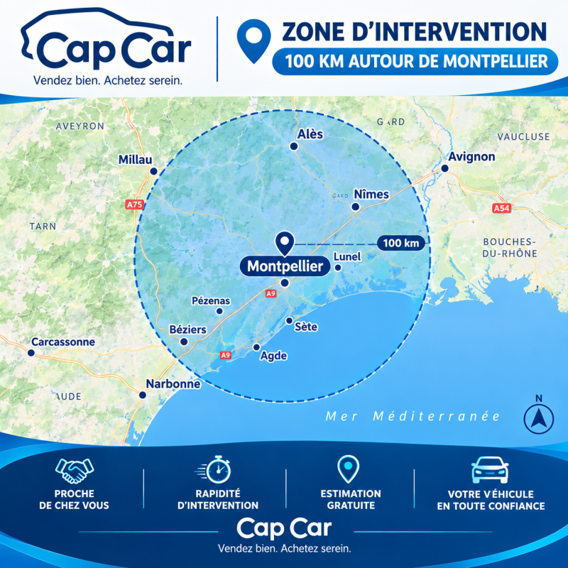 Carte de la zone d'intervention Capcar.fr : Montpellier, Nîmes, Avignon, Carcassonne, 100km