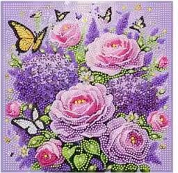 Rose et papillon 25x25 rond