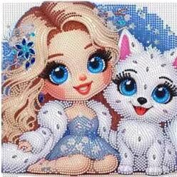 Fillette et son chat 25x25 rond