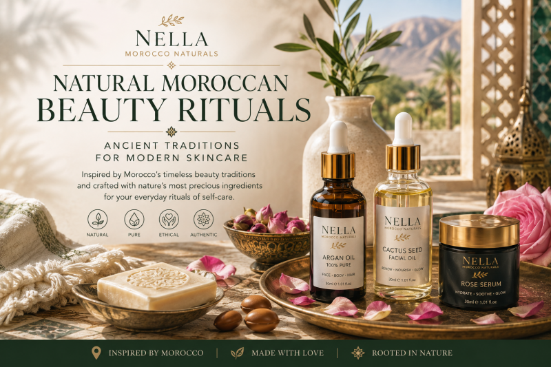 Natural Moroccan beauty rituals with Nella Morocco Naturals argan oil, cactus seed facial oil and rose serum