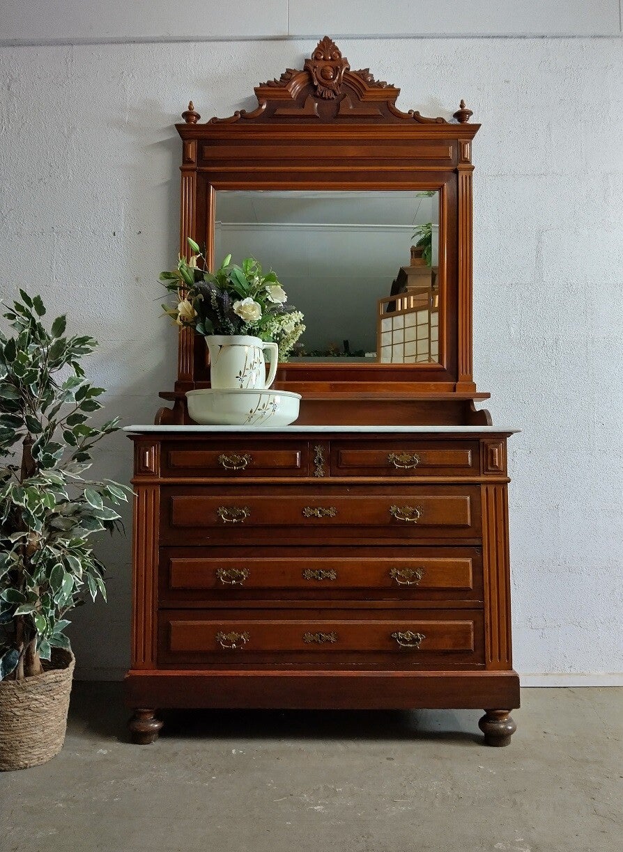 Eiken waskast ladekast commode met marmeren blad en spiegel