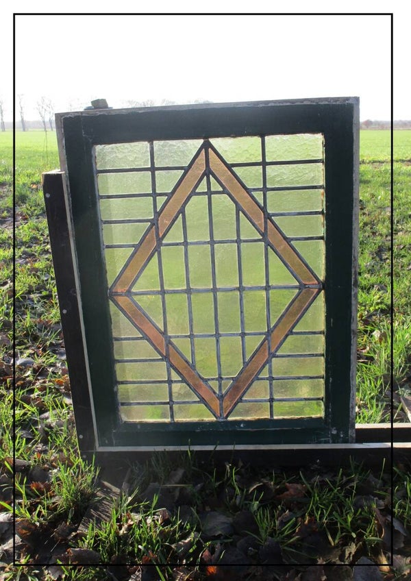 Brocante boerderijraam glas in lood (69 x 55 cm)