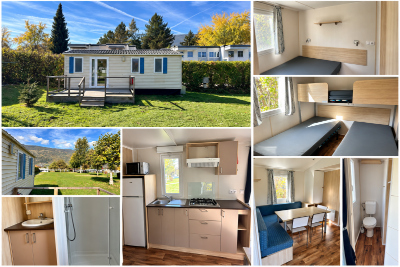 Mobilheim Typ B mit Terrasse, Küche, zwei Schlafzimmern, Essbereich, Badezimmer und separatem WC bei Ideal Camping Lampele