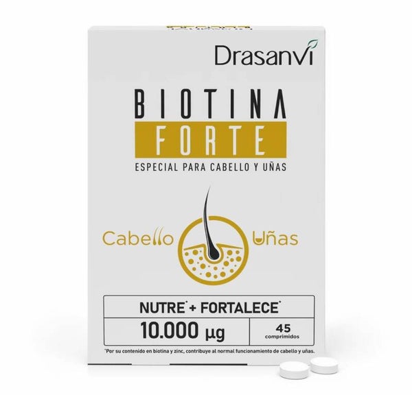 DRASANVI Biotina Forte - Biotina + Zinc+ Hierro - Salud para pelo, piel y uñas - Vegano - 45 Comprimidos
