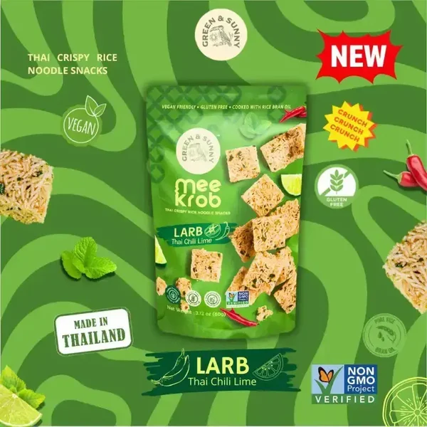 Green & Sunny Mee Krob Thai Crispy Rice Noodle Snack Larb Thai Chili Lime (Gluten Free), 60g