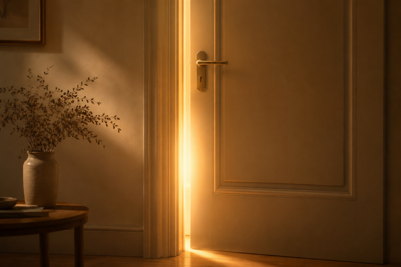 Porta socchiusa con luce calda, immagine di un confine personale sano