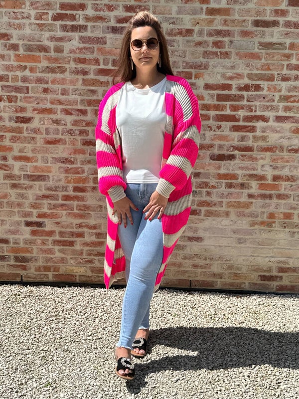 STRIPED KNITTED LONG CARDIGAN / FUCHSIA - WHITE