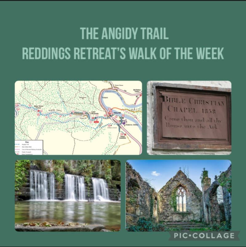 Photo credits: Ruin: St Mary’s Church, Tintern: Andrew George, South Wales Argus Camera Club; Angidy Valley Waterfall: Ian Agland, & wall plaque & walk map produced by the Wye Valley Area of Outstanding Natural Beauty (AONB) unit as part of the Overlookin