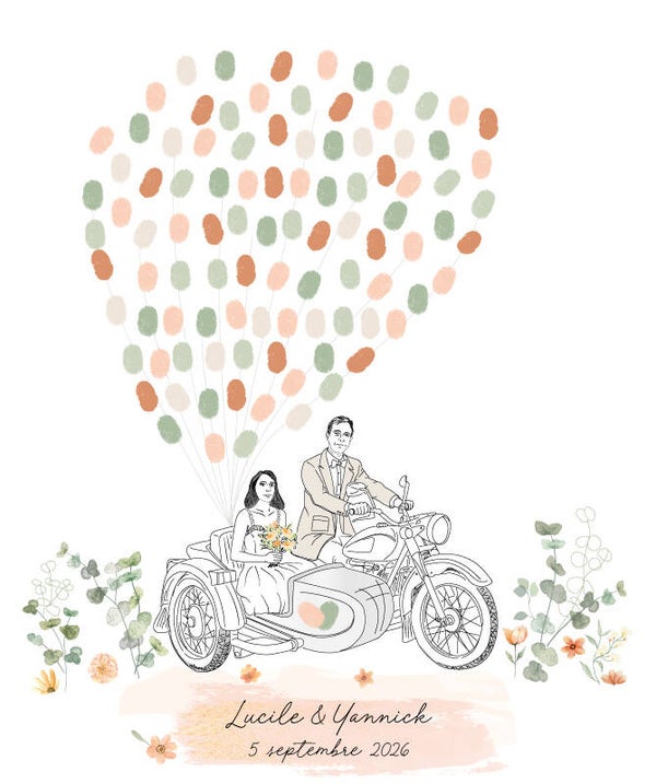 Mariés personnalisés sur moto side-car en vert sauge et pêche orangé