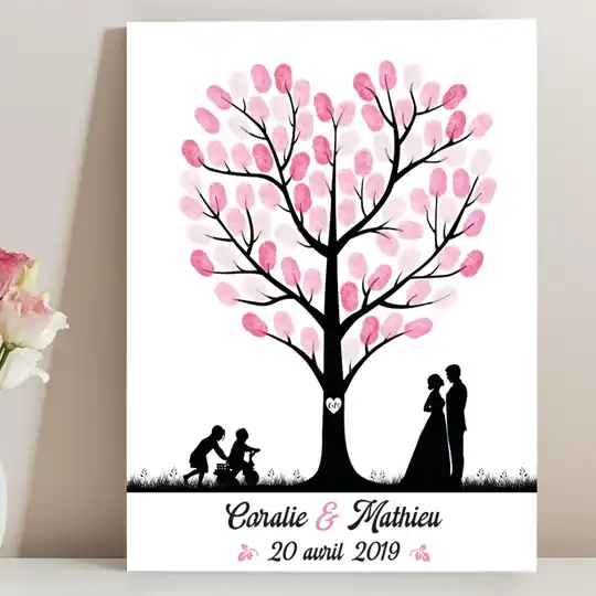 Arbre en silhouette avec mariés et famille à personnaliser
