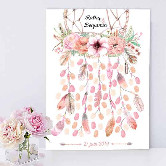 Attrape-rêves : couronne de fleurs,  plumes en rose pêche