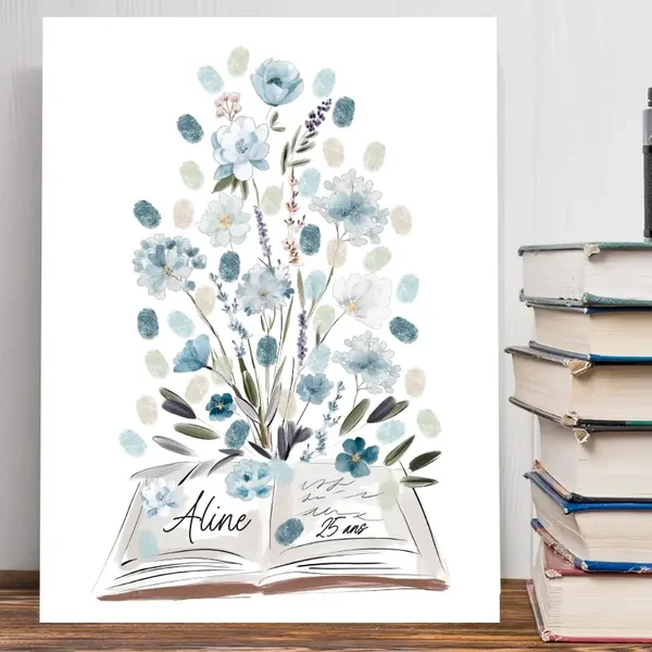 Le livre et son bouquet  floral d'aquarelle en bleu pastel