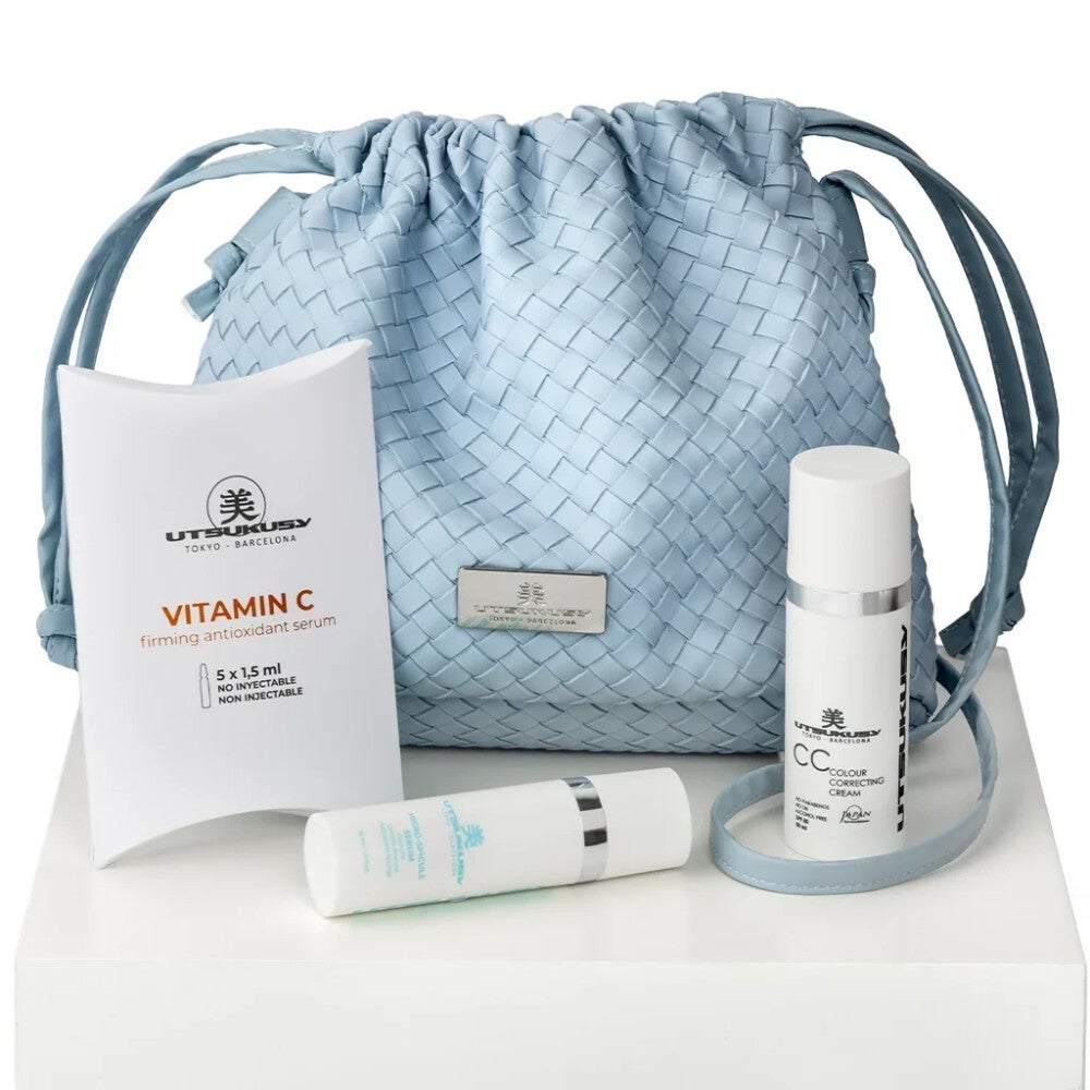 Utsukusy Micro Spicule CC Cream – Set con Sérum 30 ml, Crema SPF 50, Ampollas Vitamina C y Neceser