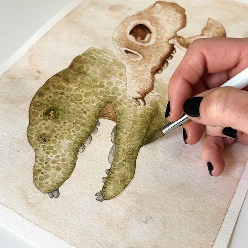 Aquarellbild Placodus gigas Schädel und Rekonstruktion.