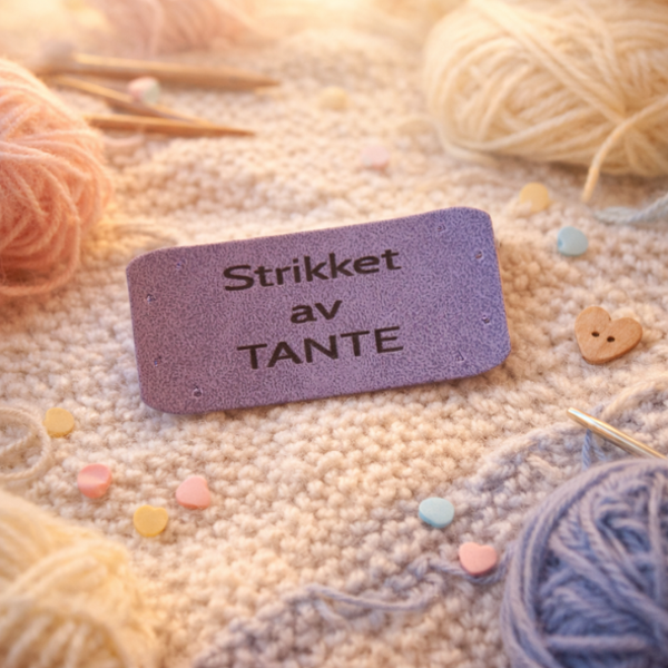 Symerke 45x20mm. LILLA   "Strikket av TANTE"
