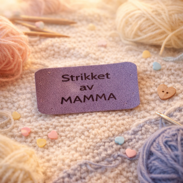Symerke 45x20mm. LILLA   "Strikket av MAMMA"