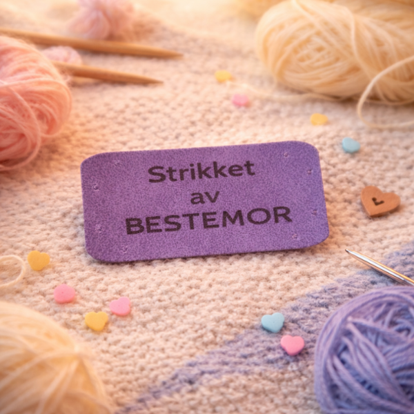 Symerke 45x20mm. LILLA  "Strikket av BESTEMOR"