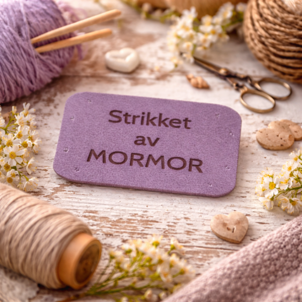 Symerke 45x20mm. LILLA  "Strikket av MORMOR"
