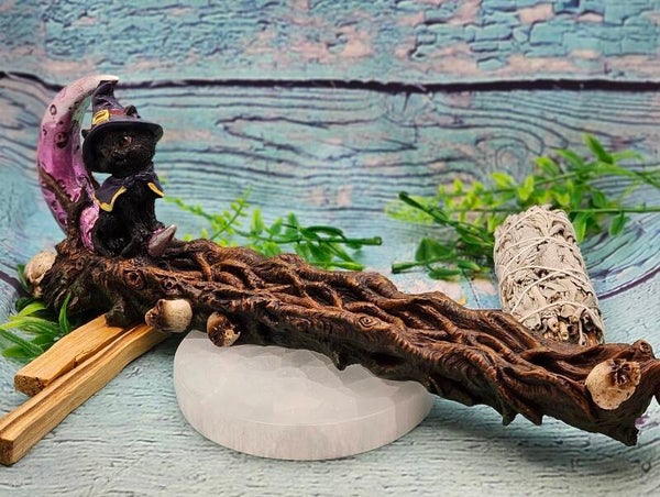 Porte encens chat noir lune