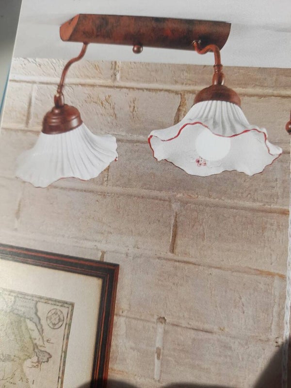 Plafoniera metallo + ceramica smerlato decorata diam 30 cm