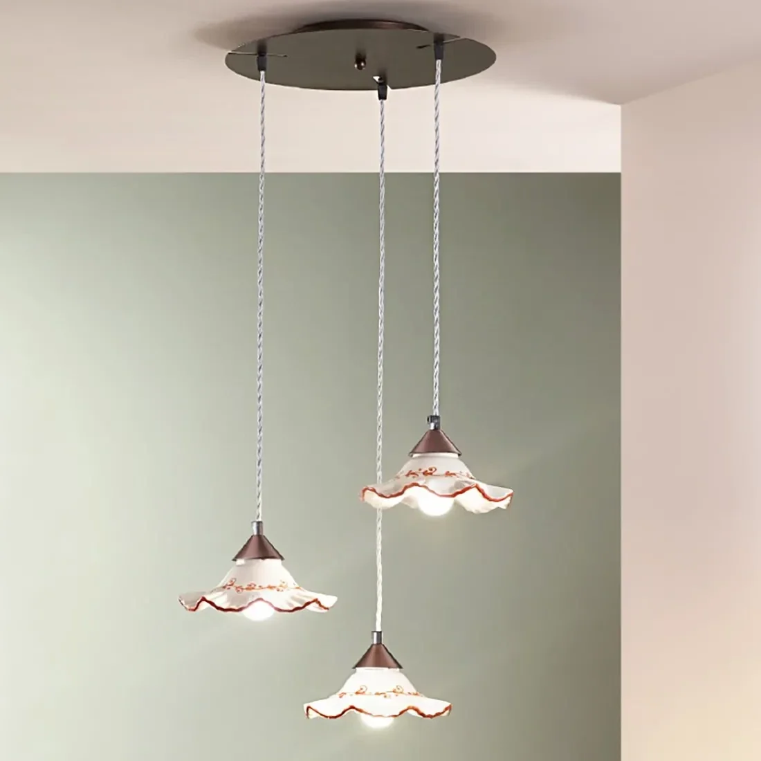 Sospensione/3 Vecchia Toscana metallo + ceramica + cavo treccia